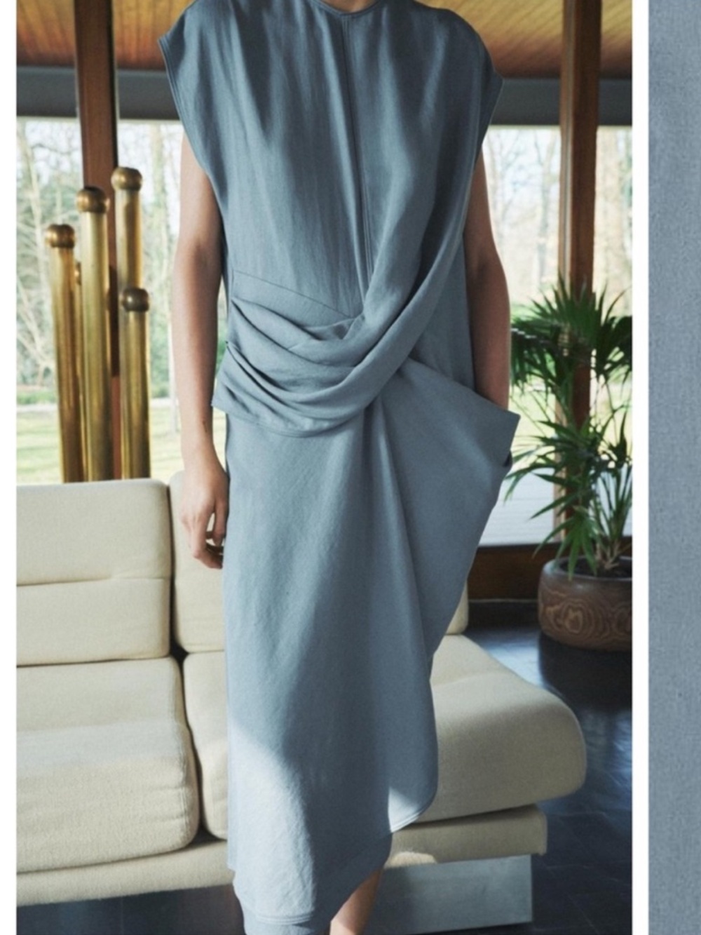 ZARA Stone Blue Midi Shift Sleeveless Draped Dress